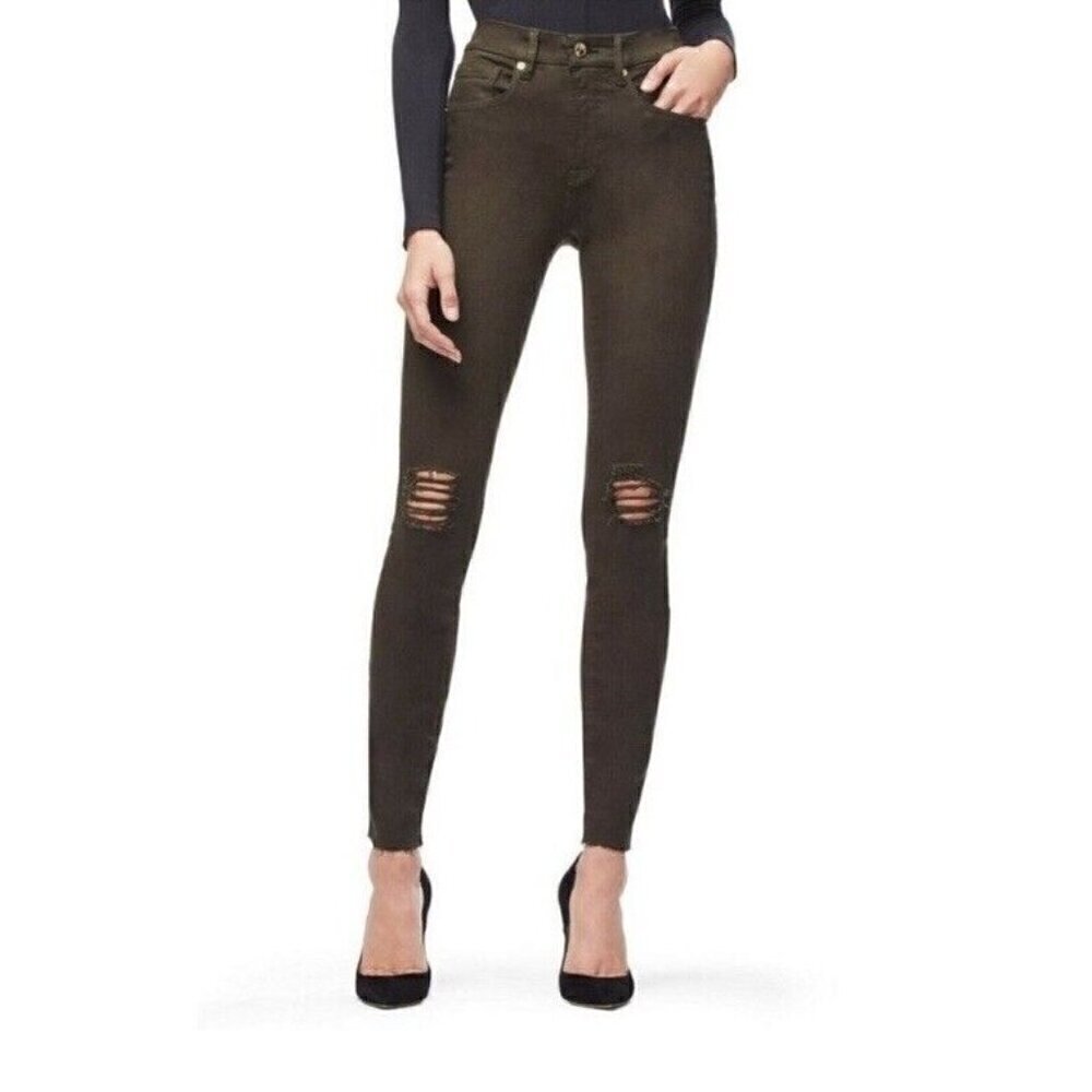 Good American Good Legs Olive Green Distressed Raw Hem Jeans Women's Sz 12 / 31
